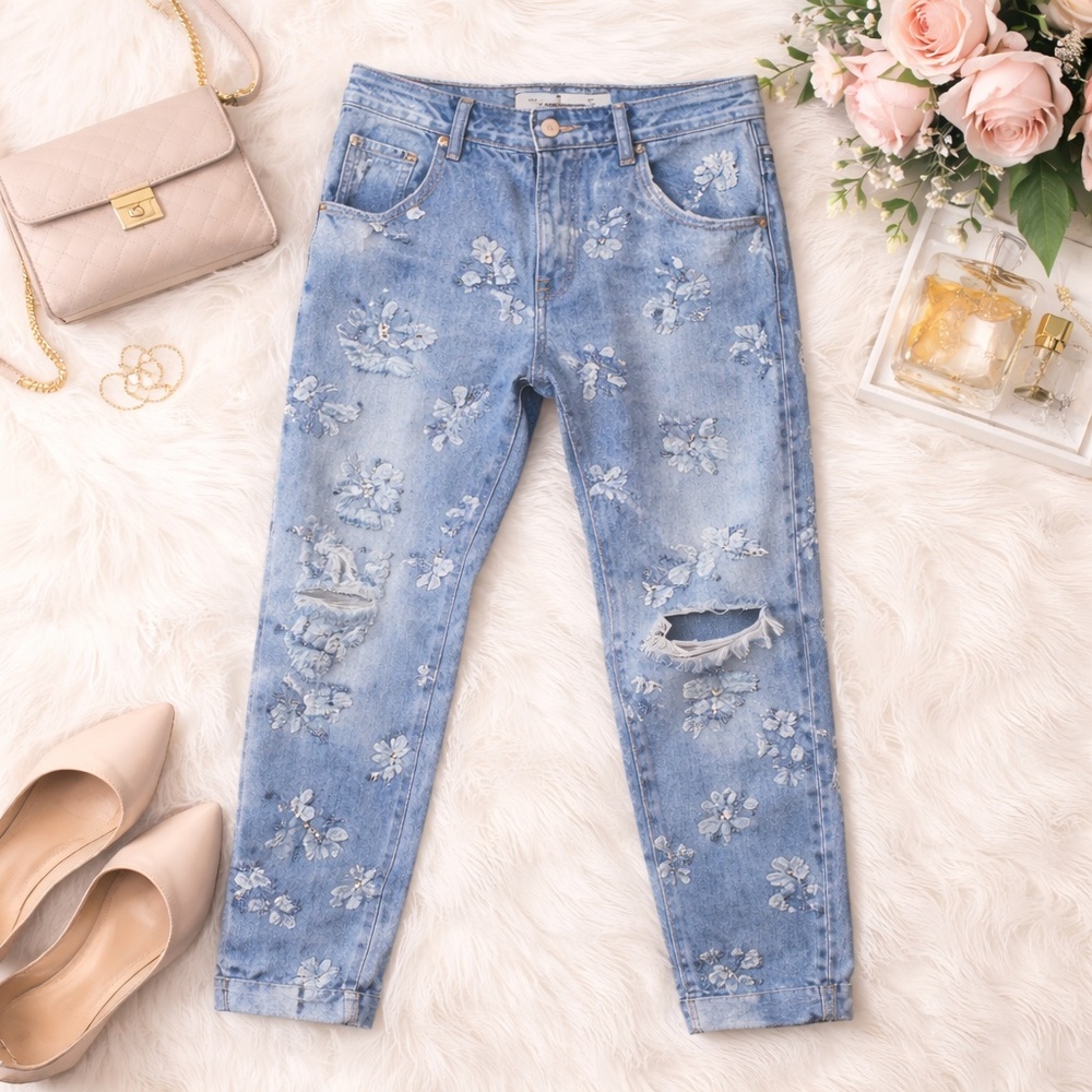Zara Floral Distressed Boyfriend Jeans Size 4  Statement Denim Feminine Artsy